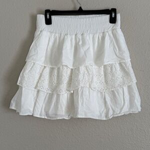 Y2K Small White Cotton Eyelet Tiered Boho Mini Skirt Smocked Cottage Festival